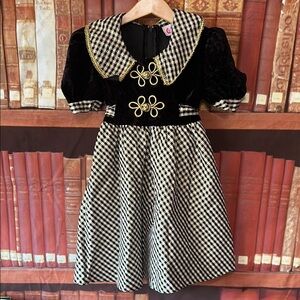Vintage Ceci Girls 4 Velvet Gingham Gold Party Dress